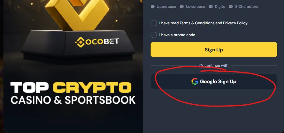 Google Sign Up button on the Cocobet registration form