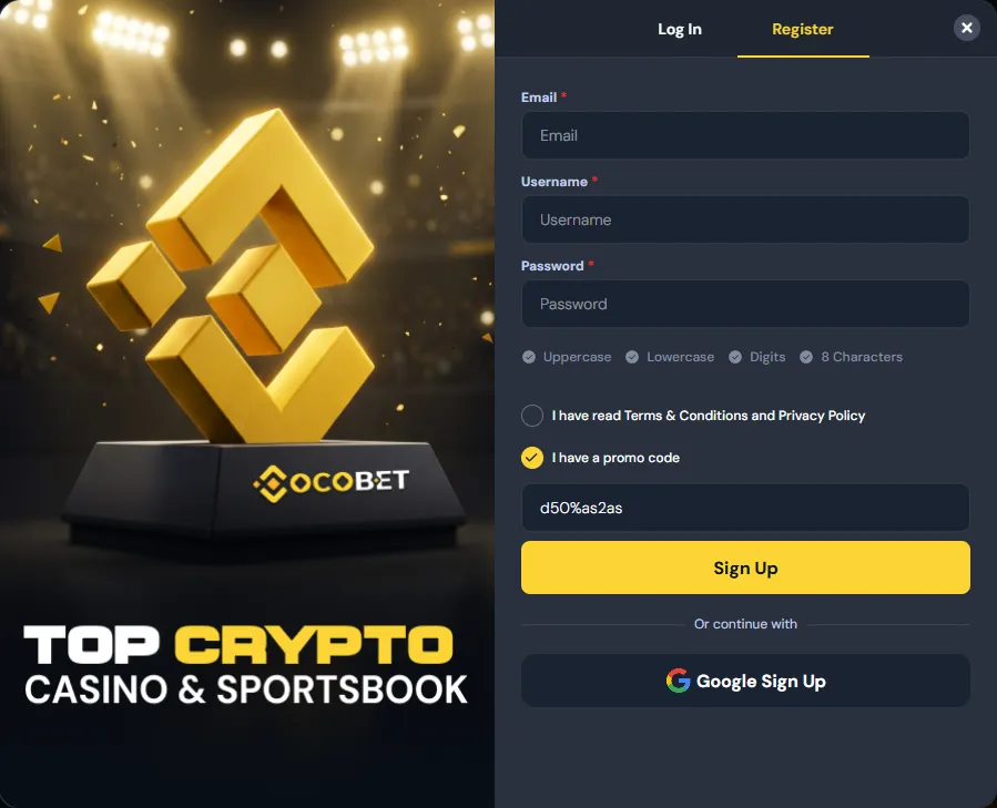 Cocobet registration form with promo code d50%as2as entered