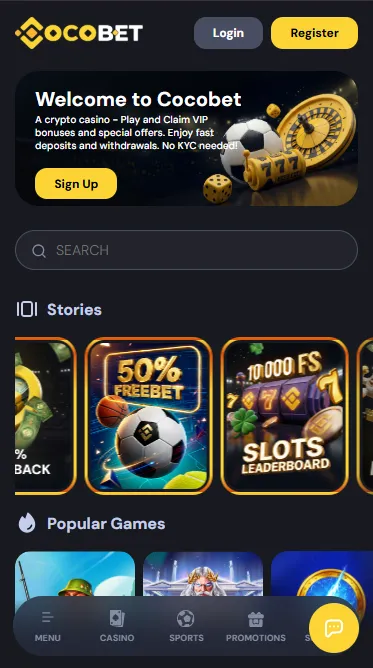 Cocobet mobile homepage on a phone