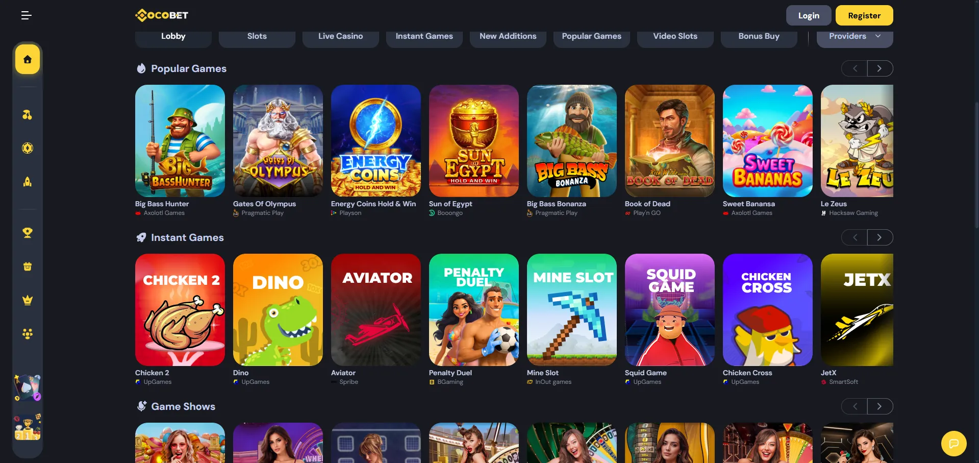 Cocobet casino game lobby with category tabs and game thumbnails