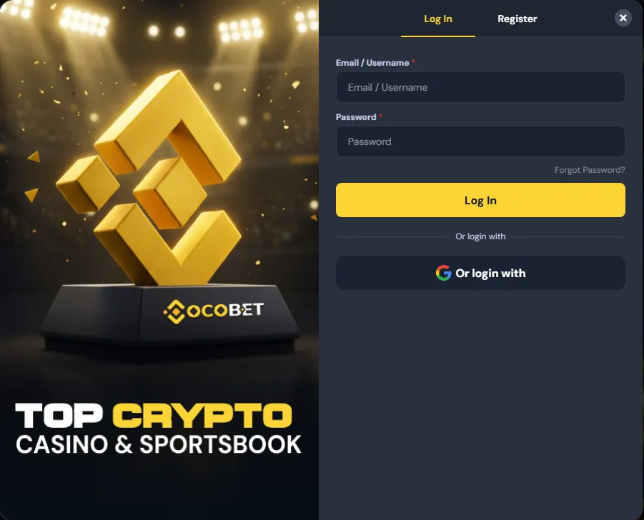 Cocobet login window with email and password fields